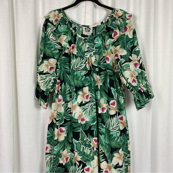 Hilo Hattie Vintage Green Tropical Print Ruffle Maxi Dress Sz.M - Picture 2 of 11